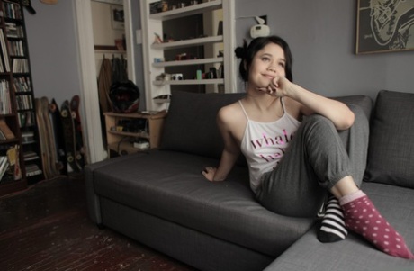 Dark haired teen Yhivi exposing hairy vagina and butthole in socks