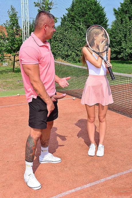 Sporty blonde Tiffany Tatum gets banged on the court by her tennis instructor