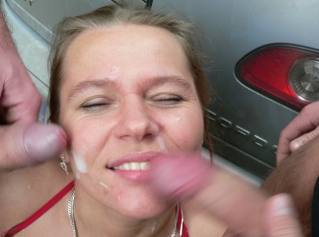 Sexy amateur MILF Moira gets facialed by two blonde guys in the forest