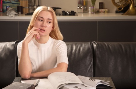 Russian blonde Via Lasciva tastes her teacher's cock before getting pounded