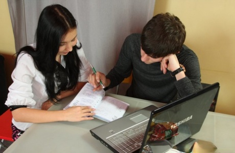 Kinky teen with black hair Sandra shows her tits and takes her tutor's dick
