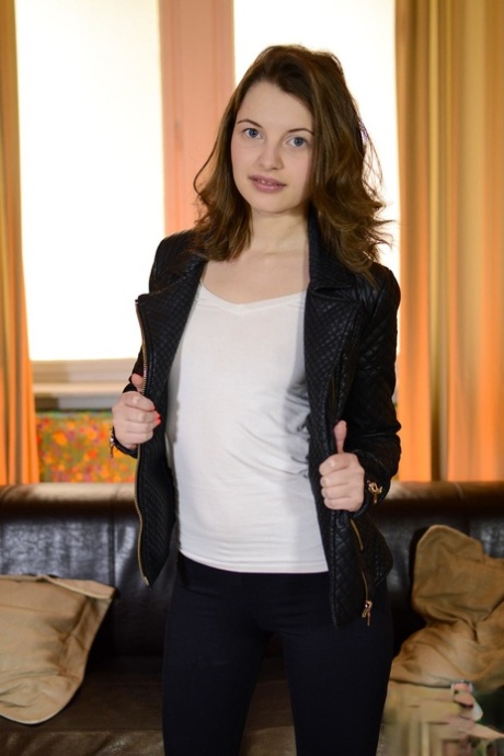 Petite student chick poses and masturbates sissy on the couch for old guy