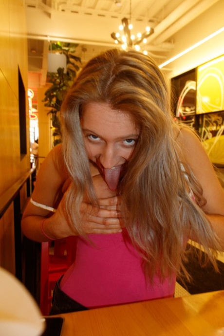 Adorable American amateur Maddie Crump flashes her big tit & teases in public