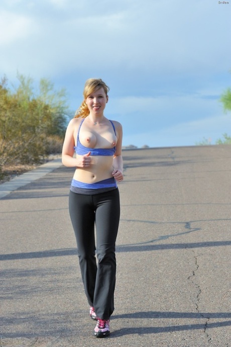 Skinny blonde Emilee exposes her tits while jogging and gets naked at home